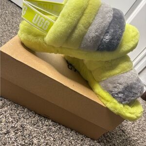 UGG Vibrant Yellow and Gray Fluffy Slippers